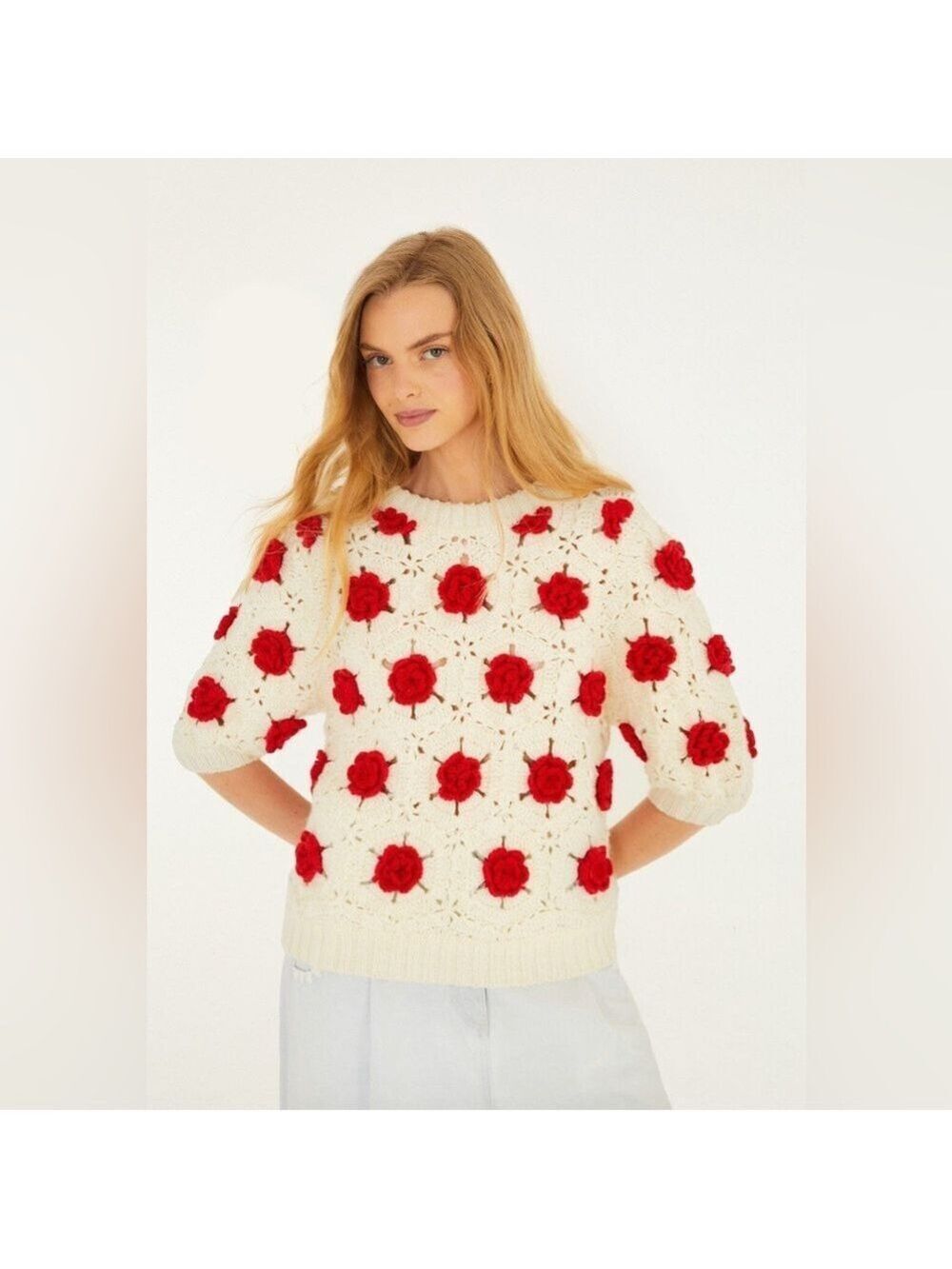 Farm Rio Red Flower Crochet Knit Blouse